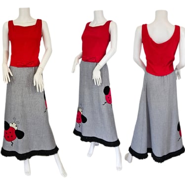 1970's Black Red Ladybug Applique Patchwork Maxi Skirt I Sz Med I W: 26