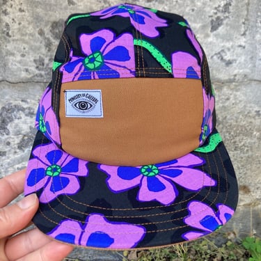 Handmade 5 Panel Camp Hat, Baseball Cap, five panel hat, Snap Back, 5panel hat, gift for him, black and purple psychedelic flower 