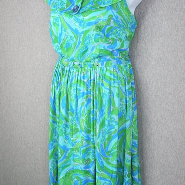 1960s - Lady Brent - Nylon Shirwaist Dress - Marbled Blue - Estimated size 18 