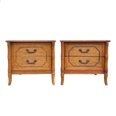 Set of 2 Vintage Faux Bamboo Nightstands FREE SHIPPING - Brown Wooden Broyhill Hollywood Regency Coastal Boho Chic Furniture 