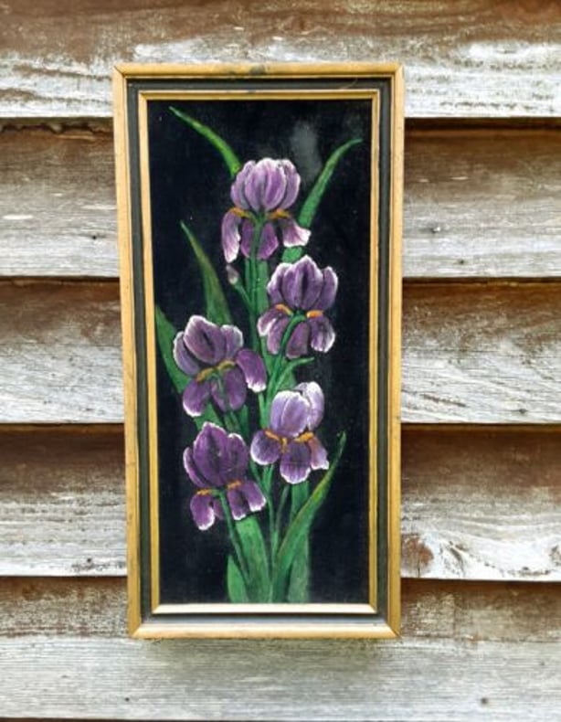 Vintage Purple Iris On Velvet Framed - Folk Art Painting