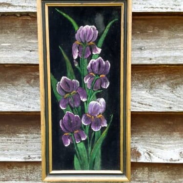 Vintage Purple Iris On Velvet Framed - Folk Art Painting