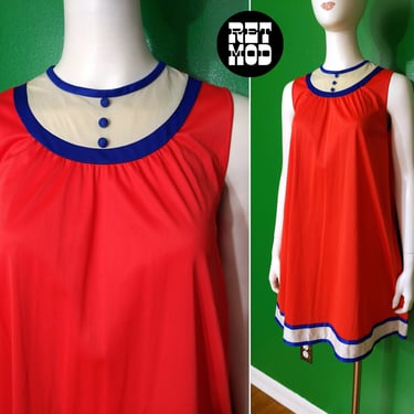 Fantastic Vintage 60s 70s Bright Red Babydoll Nightgown with Button Bib Top 