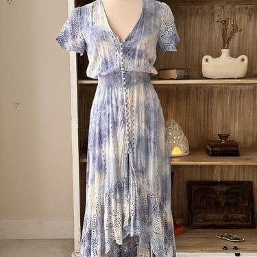Boho TIE-DYE MAXI Dress with Embroidery | Asymmetrical Hem | Short Sleeves | Button Front | Wedding Event Dress | Special Outing Dress 