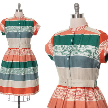 Modern 1950s Style Shirt Dress | 50s Inspired PALAVA Linen Striped Color Block Belted Fit and Flare Shirtwaist Day Dress w/ Pockets (large) 