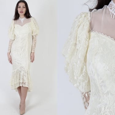 Victorian Style Puff Sleeve Wedding Gown, Vintage 1980s Mermaid Hem Hi Lo Dress, 80s Antique Bohemian Bridal Midi Maxi Dress 