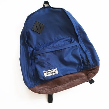 vintage backpack / vintage hiking / 1970s High Sierra blue nylon brown suede bottom book bag hiking backpack 