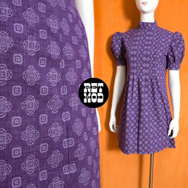Adorable Vintage 60s 70s Purple Patterned Puff Sleeves Cotton Dress 