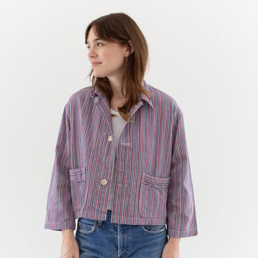 Vintage Purple Blue Red Flannel Striped Crop Shirt Jacket | Unisex Stripe Cotton Pajama Chore | L | SCJ013 