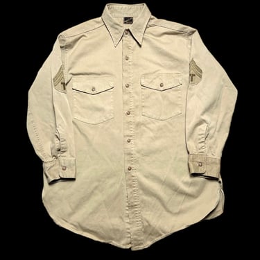 Vintage 1940s US ARMY Sanforized Cotton Twill Field Shirt ~ size M Short ~ Military Uniform ~ Patches ~ WWII ~ Khaki ~ Gussets 