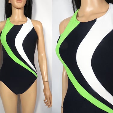 Vintage 90s Sporty Navy Blue With Swirly Lines One Piece Made In USA Size 10 M 