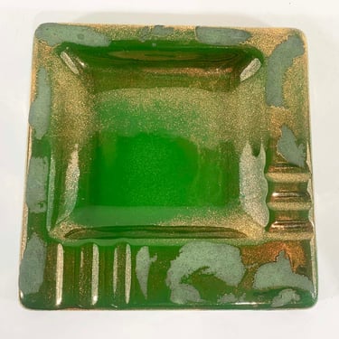Vintage Green Square Ashtray Large Statement Tray Jewelry Trinket Dish Mid-Century Gold 1960s 