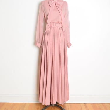 vintage 70s dress pink pleated ascot pussy bow secretary disco maxi M long belt 