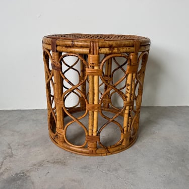Vintage Boho Chic Tortoise Shell Finish Bamboo Cane Top Drum Side Table 