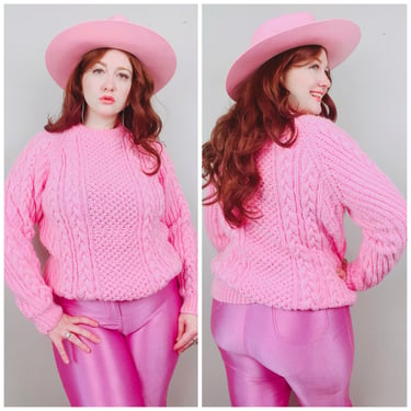 1990s Vintage Pink Acrylic Cable Knit Sweater / Handmade Relaxed Fit Soft Pullover Jumper / Size Large - XL 