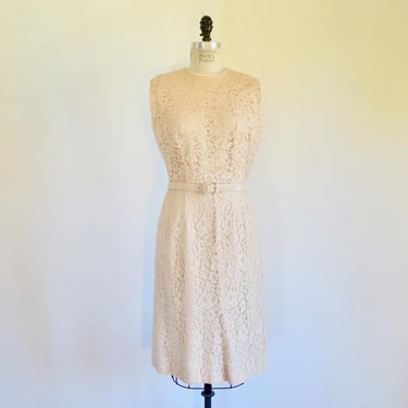 1960's Pastel Peach Lace Wiggle Sheath Dress Sleeveless Style Belted 60's Spring Summer Dresses Bridal Wedding Party 30