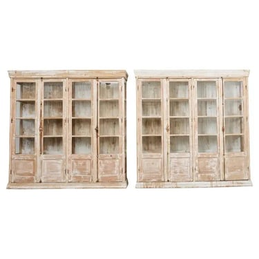 Pair of Country French Pine Library Bookcases Beveled Glass Doors