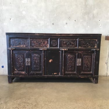 Rustic Dark Distressed Console Table w/ Chinese Accents