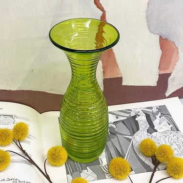 Vintage Vase Retro 1990s Contemporary + Green Glass + Ribbed Design + Weighted Bottom + Flower and Plant Display + Modern Home Decor 