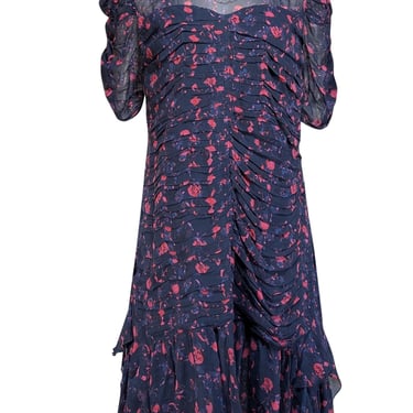 Tanya Taylor - Navy & Pink Floral Ruched Dress Sz 14