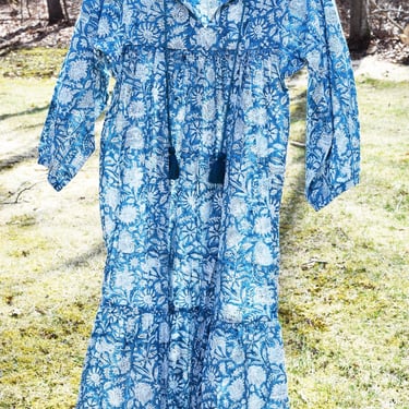 Hand Block Printed Midi Dress, Block Print Floral Cotton Dress, India Print Dress, Wood Block Dress with Sleeves, Cotton Midi Dress, Tassels 