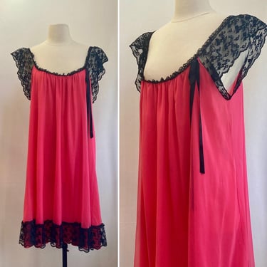 Vintage 60s Nightgown / Babydoll Nightie / Rose Pink Chiffon + Black Lace Sleeves and Trim  / Lenora / M 