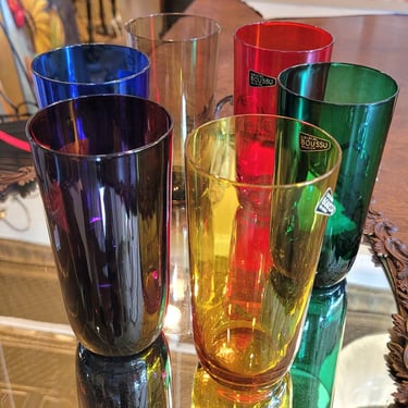 Vintage MCM 1960s Belgian Crystal Colorful Tumblers Glassware Barware By Boussu 