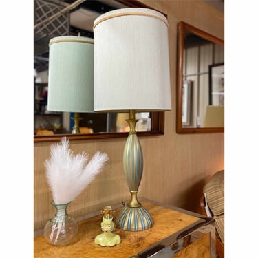 Mid-Century Modern Teal and Gold Brass Rembrandt Table Lamp with Original Shade 