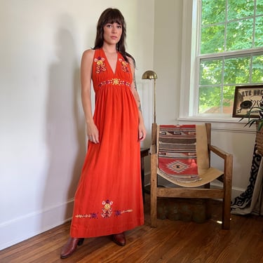 Vtg Cotton Orange Floral Embroidered Halter Dress (S/M)