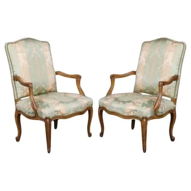 Gorgeous Pair Silk Damask Upholstered French Louis XV Style Armchairs