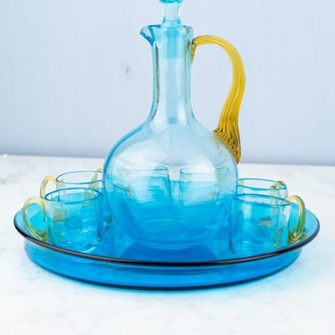 Antique French Blue & Amber Glass Liqueur Set