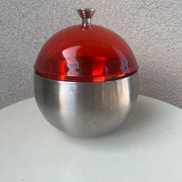 Vintage MCM round ice bucket red plastic lid with brushed silver tone metal base 