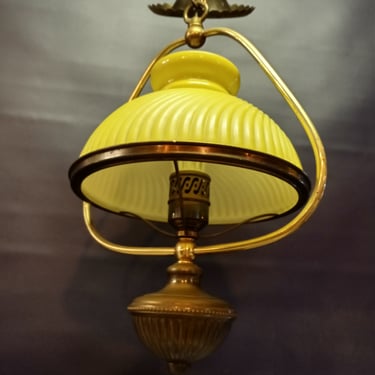 Vintage yellow ribbed l glass pendant light