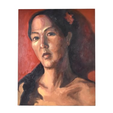Portrait Oil Painting Woman w Flower in Hair Lenell Chicago Artist 