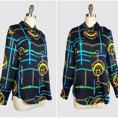 LAUREL Vintage 90s Black Silk Blouse | 1990s Laurèl Equestrian Gold Chain Print Shirt | Y2K 2000s Designer Style Top | Size Medium 
