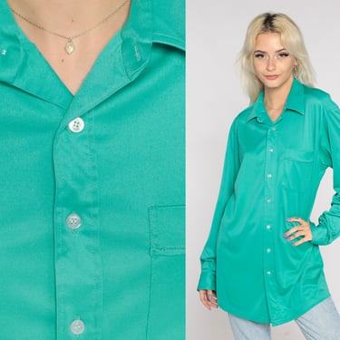 70s Seafoam Green Shirt Dagger Collar Shirt Button Up Shirt Long Sleeve Top Disco Shirt Plain Seventies Vintage 1970s Oxford Extra Large xl 