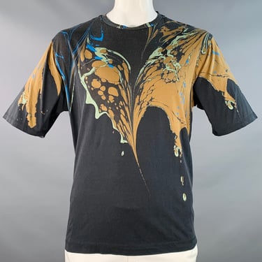 DRIES VAN NOTEN Size L Grey Orange Marble Drips Cotton Crew Neck T-shirt