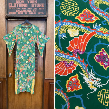 Vintage 1940’s Original Kamehameha Dragon Asian Silky Rayon Hawaiian Tiki Pake Muu Batwing Sleeve Dress, Pake Muu, 1940’s Hawaiian Dress, 