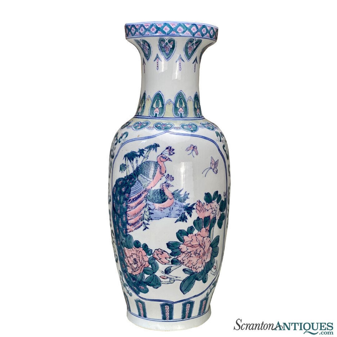 Vintage Large Chinese Porcelain Peacock Bird Motif Floor Vase ...