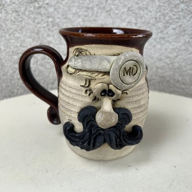 Vintage stoneware studio art pottery mug kitsch 3D face MD doctor theme holds 10 oz 