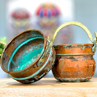 VINTAGE: 2pcs - Old Hand Forged Copper Vessels Buckets Pails Cauldrons - Hammered Copper - SKU 00040035 