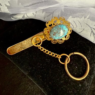 Jeweled Key Chain, Purse Clip, Faux Turquoise Cabochon, Vintage 70s 80s 