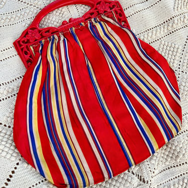 1930s Striped Taffeta Celluloid Frame Bag Vintage 