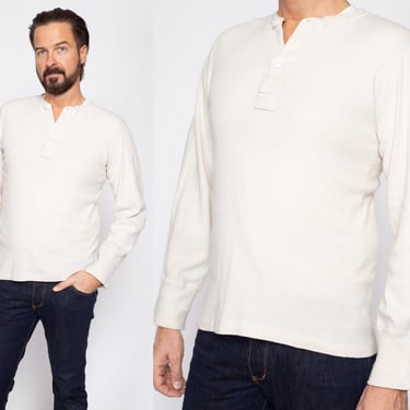 Medium 70s White Cotton Henley Thermal Shirt | Vintage Plain Long Sleeve Undershirt Top 