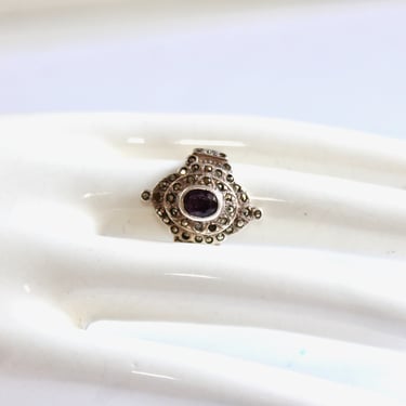 Antique Bohemian Garnet and Pave Marcasite Thai Princess Ring - Sterling Silver - Faceted Oval Bezel Setting - Flat Band - Size 6 