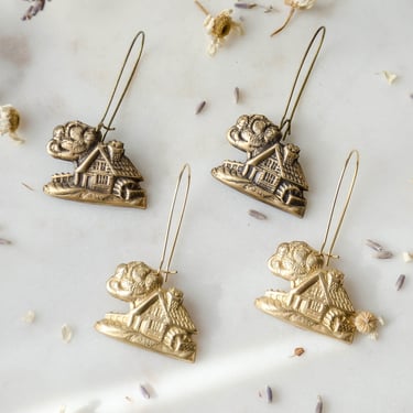cute cottagecore earrings, gold house country cottage charm earrings, vintage brass charm earrings, unique gift for her 