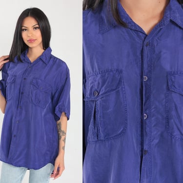 Purple Silk Shirt 90s Button Up Shirt Short Sleeve Collared Preppy Retro Plain Top Chest Cargo Pocket Casual Basic Vintage 1990s Medium M 