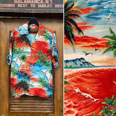Vintage 1950’s Tropical Island Tiki Palm Tree Crepe Hawaiian Shirt, 50’s Vintage Clothing 