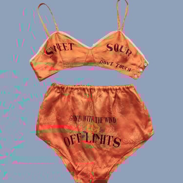 Rare 1940s Lingerie Set / Novelty Orange Bra and Panty Knickers / Sweet and Sour / Don't Touch / Off Limits / Gone With the Wind 