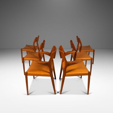 Set of Six (6) Bespoke Møller Model #71 Dining Chairs in Solid Teak & Leather by Niels Møller for J.L. Møllers Møbelfabrik, Denmark, 1960's 